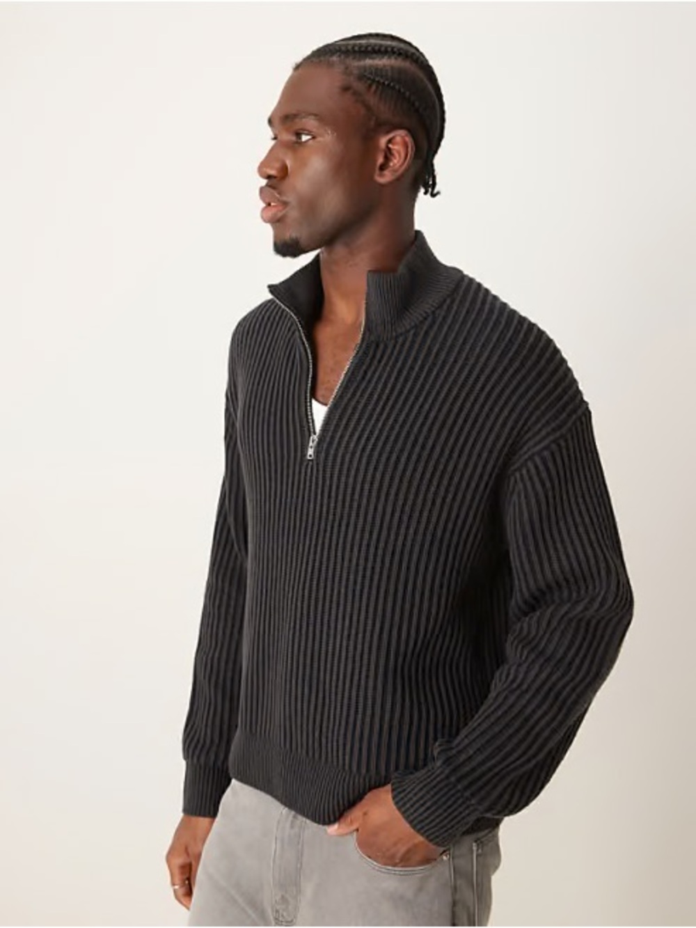 Abercrombie & Fitch Oversized Grey Ribbed Quarter-Zip Size Medium